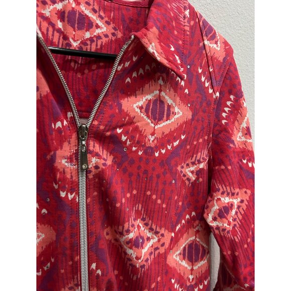 Threehearts Red Pink Ikat Print Zip Up Tunic Blouse Sz Small - Picture 4 of 10